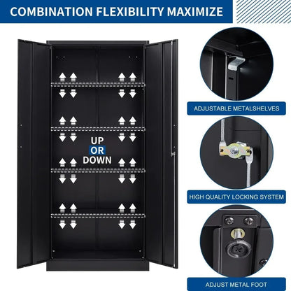 Metal Storage Cabinet-71” Tall Steel File Cabinets with Lockable Doors and Adjustable Shelves-Black Steel Storage Cabinet