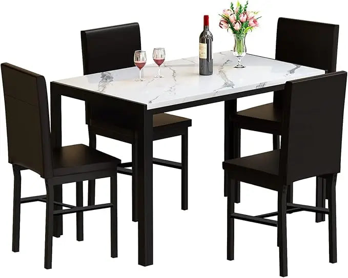 Juego de mesa de comedor MIERE para 4, juego de mesa de comedor de mármol de 5 piezas con 4 sillas con marco de metal de terciopelo para cocina, bar y sala de estar