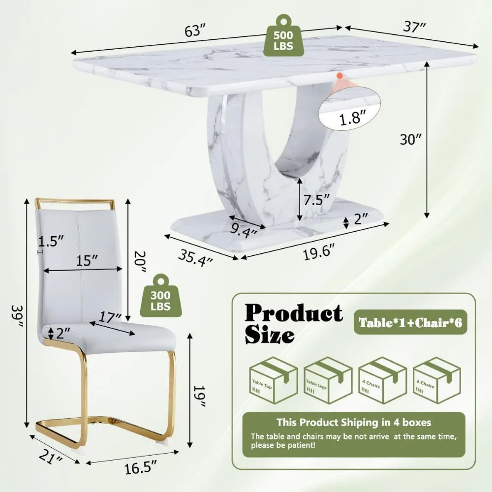 Juego de mesa de comedor de 6 piezas, juego de mesa de comedor de imitación de mármol blanco de 6 piezas, juego de mesa de cocina rectangular de 63 pulgadas, juego de 6 sillas para comedor, cocina y sala de estar
