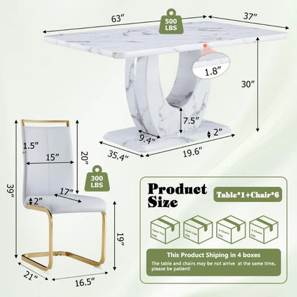 Juego de mesa de comedor de 6 piezas, juego de mesa de comedor de imitación de mármol blanco de 6 piezas, juego de mesa de cocina rectangular de 63 pulgadas, juego de 6 sillas para comedor, cocina y sala de estar