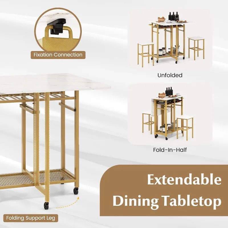 3-Piece Foldable Dining Table Set, Extendable Dining Table & 2 Stools Set w/ 6-Bottle Wine Rack, Shelves & Side Pushing Handle