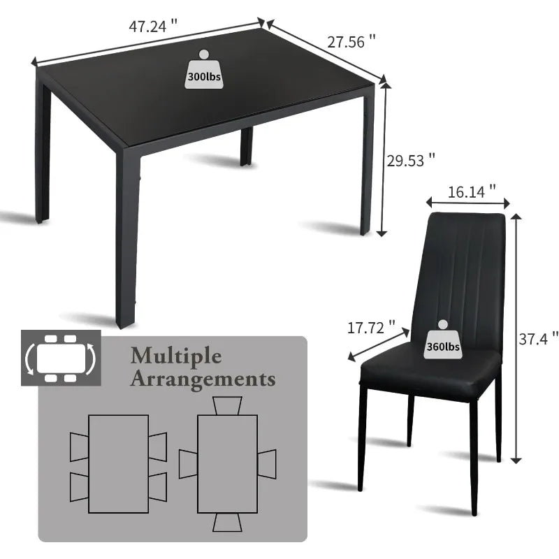 Juego de mesa de comedor súper estable para 4, escritorio de cocina de 5 piezas y sillas para 4, mesa de comedor de vidrio moderna y cuero de PU