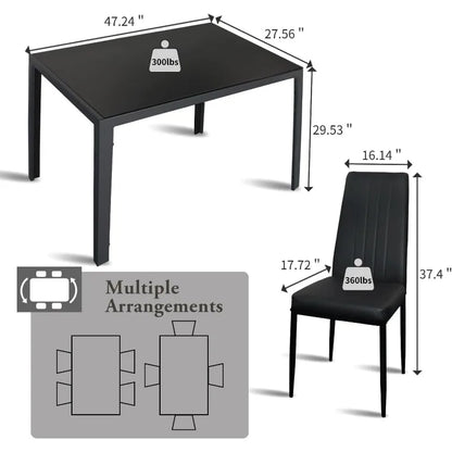 Juego de mesa de comedor súper estable para 4, escritorio de cocina de 5 piezas y sillas para 4, mesa de comedor de vidrio moderna y cuero de PU