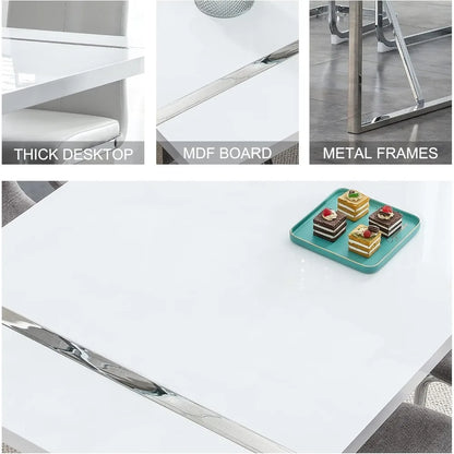 Juego de mesa de comedor para 4, mesa de cocina de MDF rectangular blanca y juego de 4 sillas de comedor de cuero, juego de mesa de comedor de 5 piezas