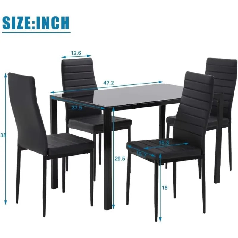 Juego de mesa de comedor FDW, juego de mesa de comedor de vidrio para espacios pequeños, mesa de cocina y sillas para 4, rectangular, moderna, vidrio negro