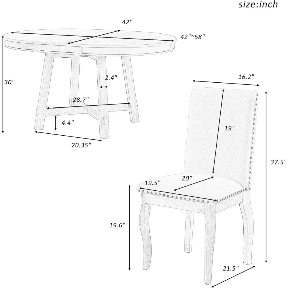 Ensemble de table à manger extensible en bois avec table ronde et chaises rembourrées pour 4 à 6 personnes, ensemble de table à manger ronde 5 pièces