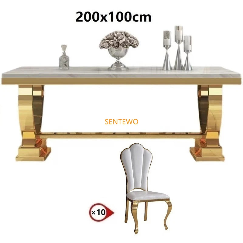 SENTEWO Ensemble de tables et chaises de salle à manger de luxe en marbre avec base en métal émaillé au titane et doré