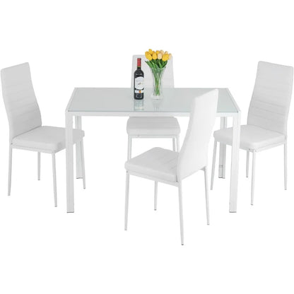 Juego de Mesa de Comedor Cristal para Espacios Pequeños Mesa de Cocina y Sillas para 4 Muebles para el Hogar Rectangular Moderna, Cristal Blanco