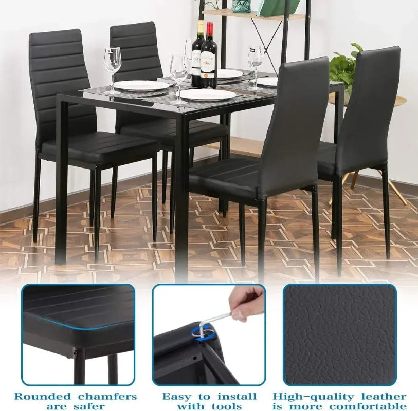 Juego de mesa de comedor FDW, juego de mesa de comedor de vidrio para espacios pequeños, mesa de cocina y sillas para 4, rectangular, moderna, vidrio negro