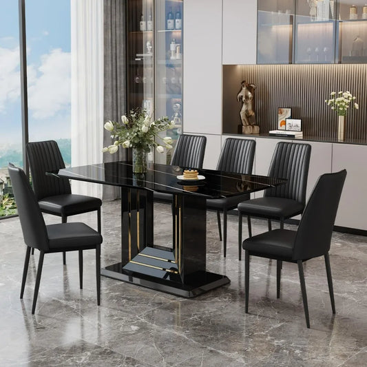 Juego de mesa de comedor para 6 personas, mesa y sillas para 6 personas, mesa con diseño de imitación de mármol negro con 6 sillas de comedor adecuadas para juegos de cocina