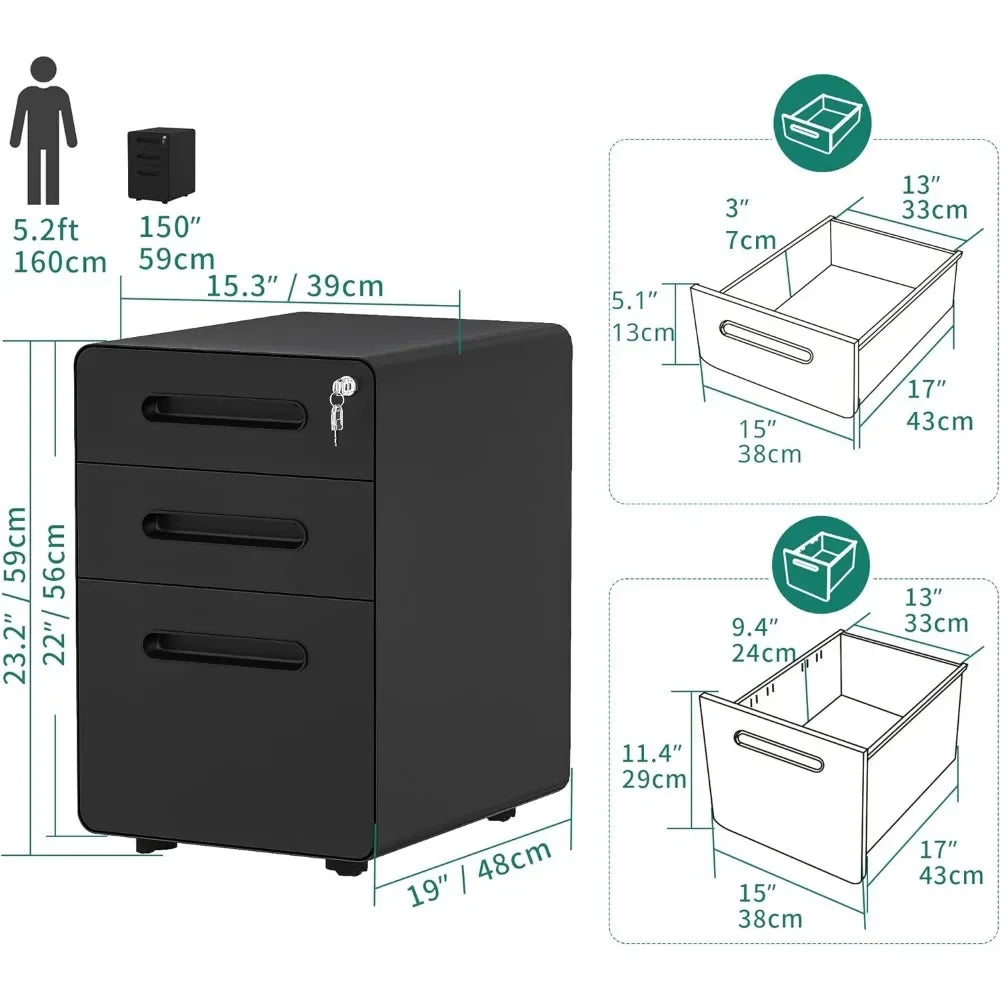 3-Drawer Rolling File Cabinet, Metal Mobil  with Lock, Filing Cabinet Under Desk fits Legal/A4 Size Fully Assembled-Black