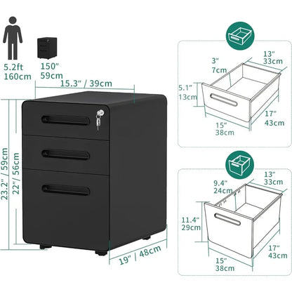 3-Drawer Rolling File Cabinet, Metal Mobil  with Lock, Filing Cabinet Under Desk fits Legal/A4 Size Fully Assembled-Black