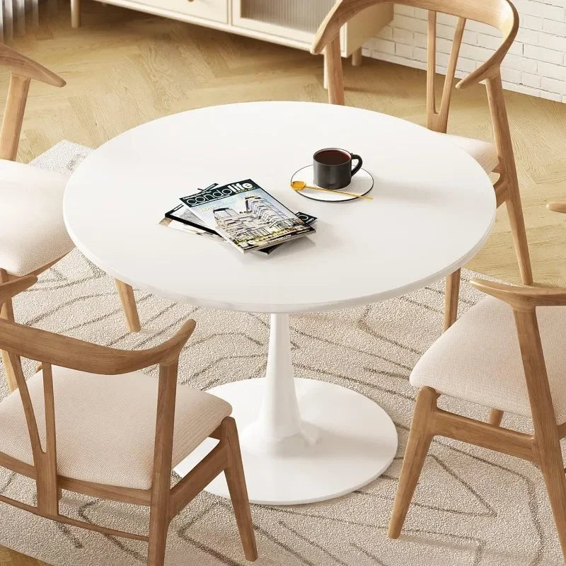 Table à manger ronde en marbre blanc, bureau tulipe de 31,5 po pour 2 à 4 personnes avec plateau en MDF et base sur piédestal