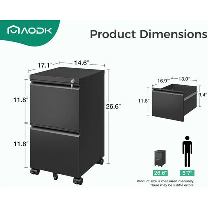 Archivador de oficina, archivador de 2 cajones con cerradura, archivador rodante para archivador móvil pequeño para oficina, color negro