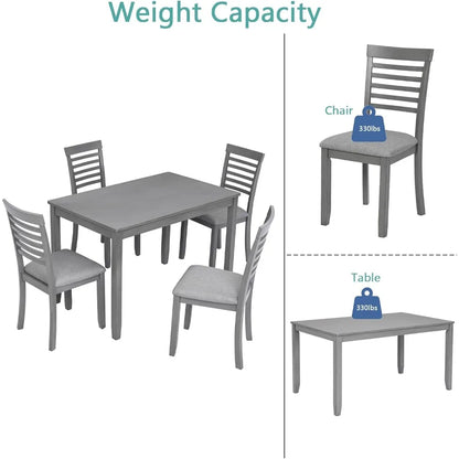 Dining Table Set 4, Rectangular Table and 4 Upholstered Chairs, 5 Piece Dining Table Set Kitchen Dining Room Living Room, Gray