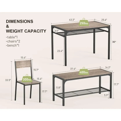 Juego de mesa de cocina moderna y 2 sillas para 4 personas con banco, juego de mesa de comedor rectangular de 4 piezas con almacenamiento para espacios pequeños, apartamentos