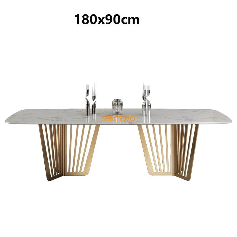 Mesa de comedor de cocina de mármol de lujo SENTEWO con juego de 8 sillas, mesa de comedor con base de metal esmaltado de titanio, mesas con 4 sillas