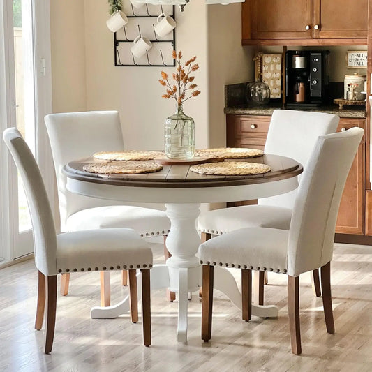 Juego de 4 sillas de comedor, silla auxiliar de tela para cocina con borde de tachuelas y patas de madera, color beige