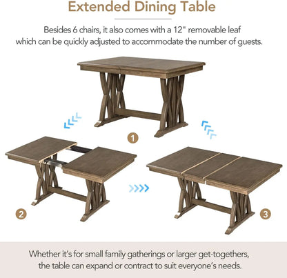 Juego de mesa de comedor de mediados de siglo con sillas y mesa extensible para 6 personas, juego de mesa de comedor grande de 7 piezas, color gris