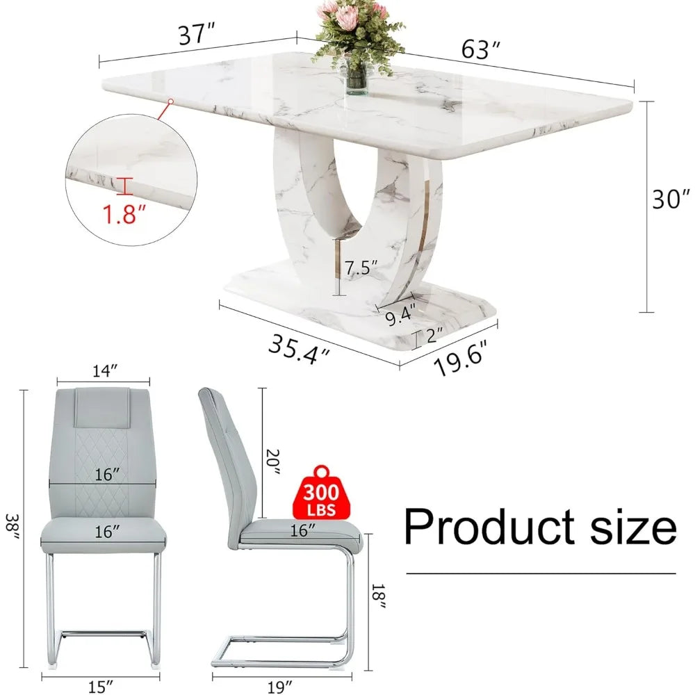 Juego de mesa de comedor para 6 personas, juego de 6 sillas de cocina, juego de comedor moderno con mesa de comedor de mármol de 63'' y sillas de cuero sintético