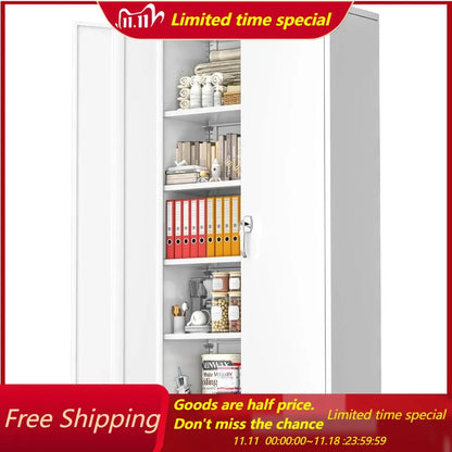 White Metal Storage Cabinet, 72" Steel Locking Cabinet with Doors and 4 Adjustable Shelves, Tall Tool Cabinets Lockable