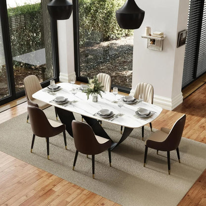 Mesa de comedor para 8 personas, mesa de comedor rectangular, mesa de comedor de piedra sinterizada con base de acero al carbono en forma de mariposa, 87 pulgadas