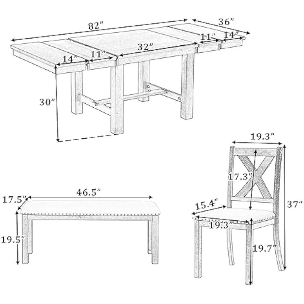 Juego de mesa de comedor de cocina de madera maciza con mesa extensible y banco y sillas tapizadas, juego de mesa de comedor de 6 piezas