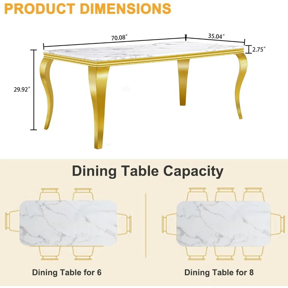 Mesa de comedor para 6-8 personas, mesa de cocina de mármol blanco de 70 pulgadas con patas cabriolé con espejo dorado, mesa de comedor de lujo