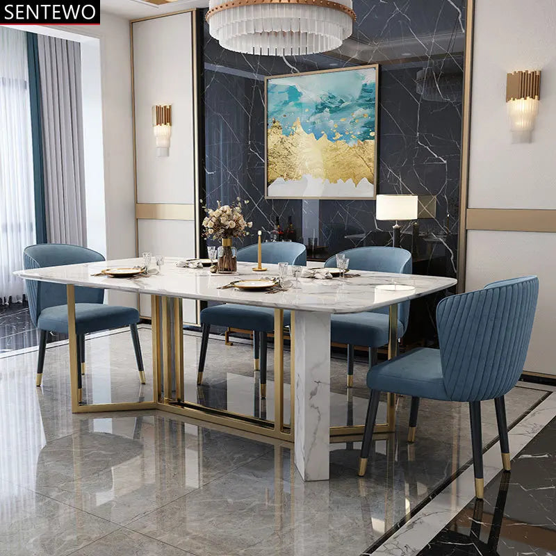 SENTEWO Free Shipping Italian Marble Dining Table Set With 4 6 Chairs Luxury Gold Frame With Stone Base Tables Room Furniture