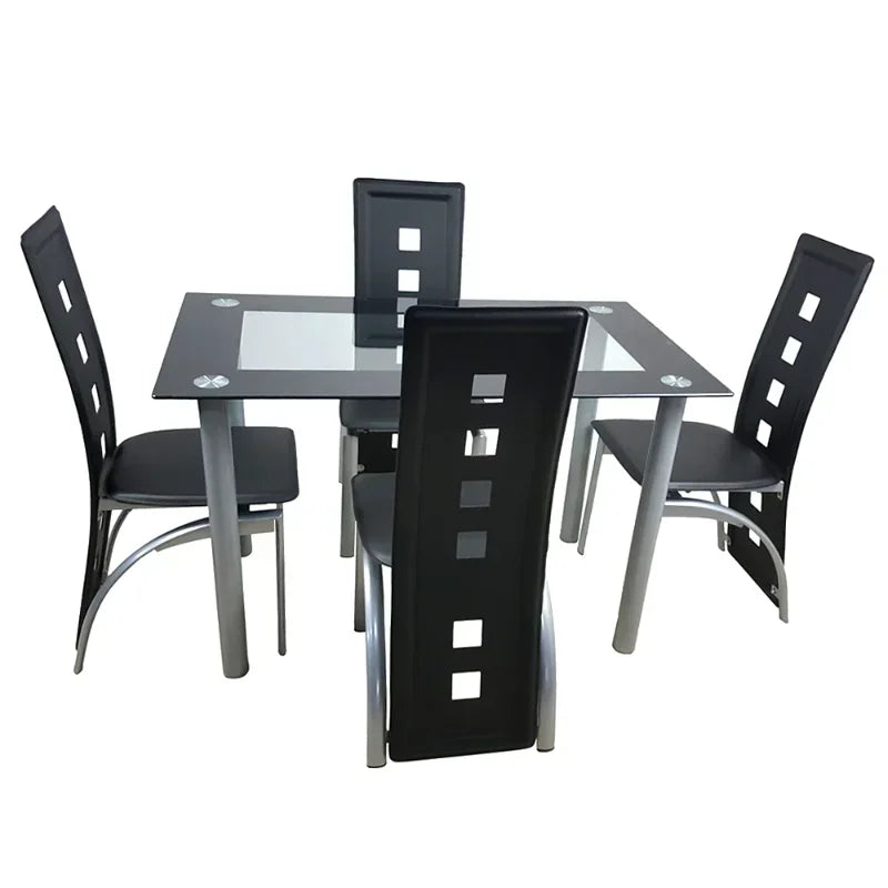 110cm Dining Table Set Tempered Glass Dining Table with 4pcs Chairs Transparent & Black