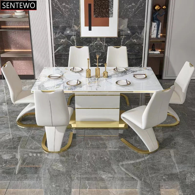 SENTEWO Ensemble de table à manger moderne avec base dorée et chaises de salle à manger sirène, meubles de cuisine de luxe en dalle de roche, livraison gratuite