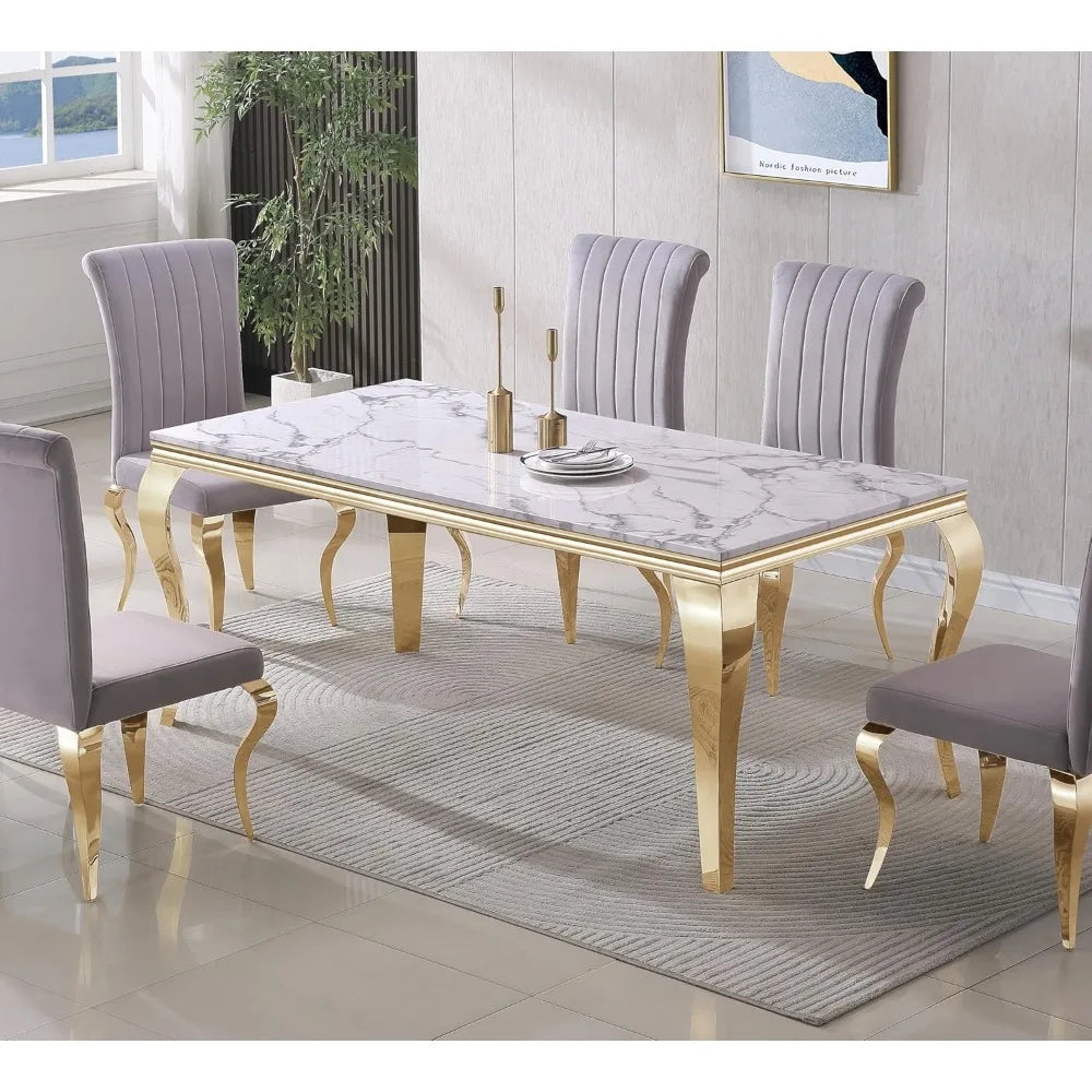 Mesa de comedor para 6-8 personas, mesa de cocina de mármol blanco de 70 pulgadas con patas cabriolé con espejo dorado, mesa de comedor de lujo