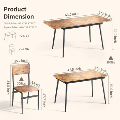 Juego de mesa de comedor extensible Qsun de 63" para 4 a 6 personas, juego de mesa de comedor de 7 piezas, juego de mesa de cocina rústica marrón para espacios pequeños