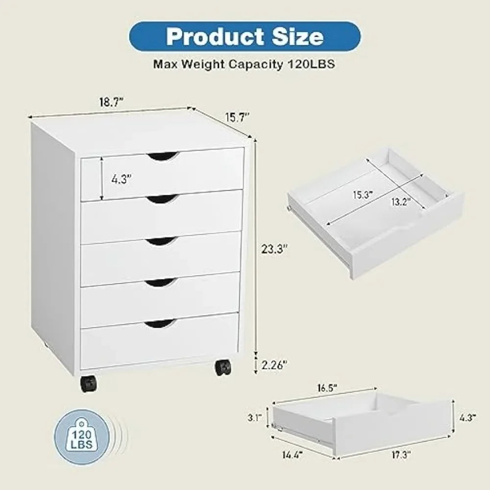 2023 New  5 Drawers, Wood File Cabinet Home Office Portable Mobile Storage, White