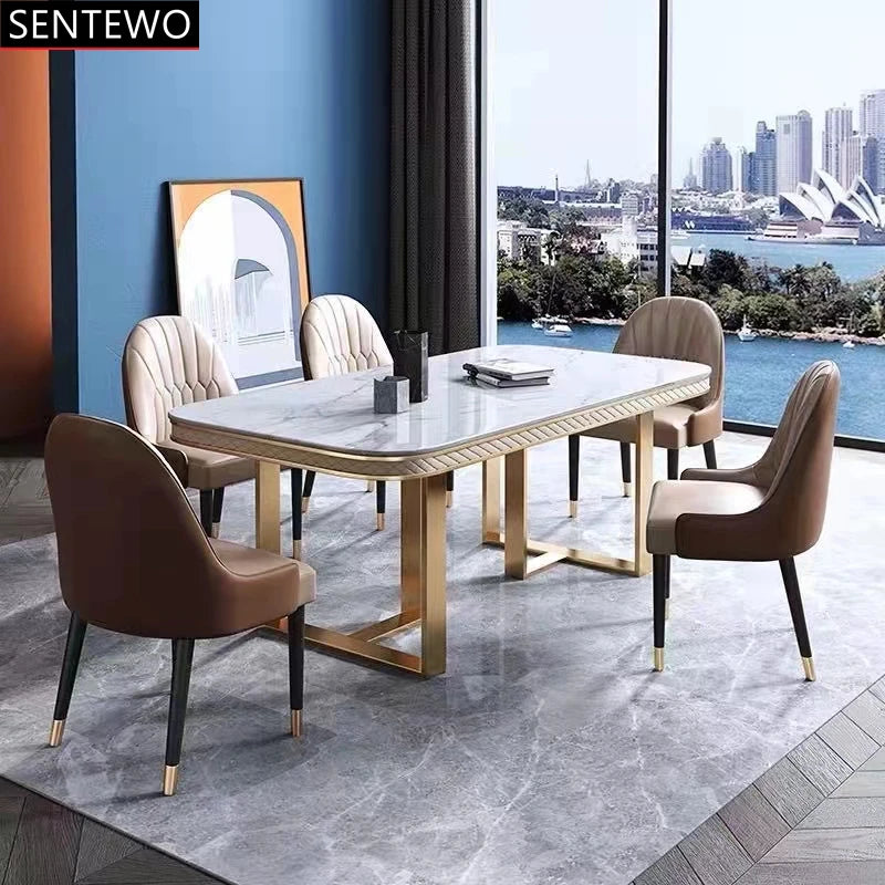 SENTEWO Ensemble de table à manger de cuisine en marbre de luxe italien avec chaise et cadre doré en acier inoxydable Mesa Com 6 Cadeiras