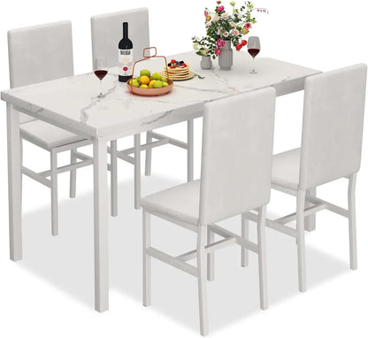 Juego de mesa de comedor MIERE para 4, juego de mesa de comedor de mármol de 5 piezas con 4 sillas con marco de metal de terciopelo para cocina, bar y sala de estar