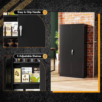 Metal Storage Cabinets 72” Black Garage Steel Storage Cabinet with Doors and Shelves, Metal Tool Cabinet, Steel File