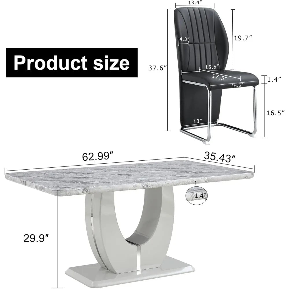 Juego de mesa de comedor y 4 sillas, juego de 4 sillas de mesa de mármol sintético negro, sillas tapizadas de cuero de PU, juego de mesa de comedor grande de 63''