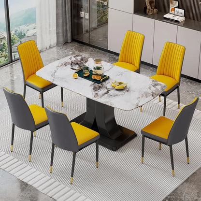 Juego de mesa de comedor moderno para 6 personas, juego de mesa y sillas de mármol para 6 personas, mesa rectangular con 6 sillas acolchadas de cuero sintético