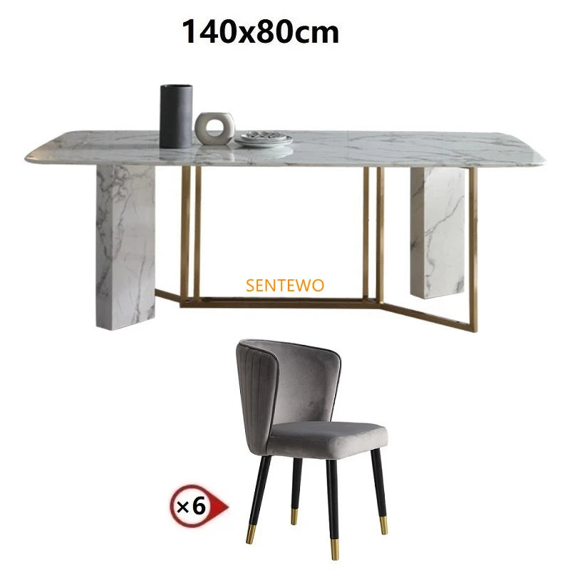 SENTEWO Ensemble de table à manger de cuisine et 6 chaises de luxe en marbre italien avec base en acier inoxydable doré