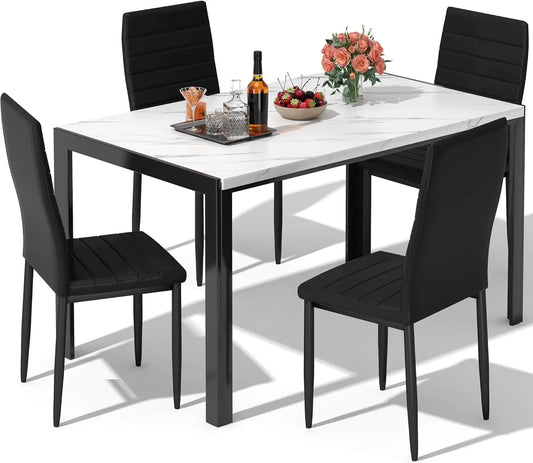 Juego de mesa de comedor para 4, juego de mesa y sillas de cocina moderno de 5 piezas, mesa de mármol sintético y 4 sillas de cuero PU para comedor