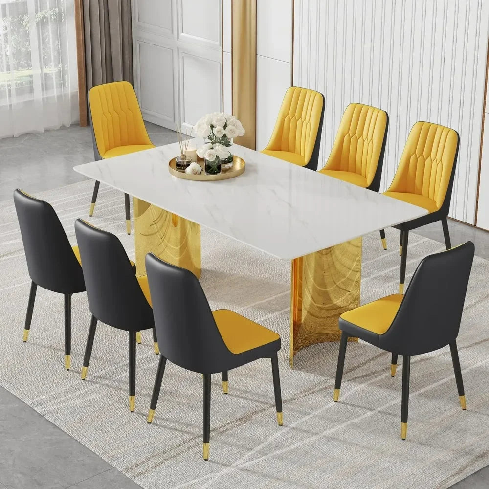 Ensemble de table à manger pour 8 personnes, plateau en faux marbre et pieds chromés dorés pour cuisine, ensemble de tables à manger, 71 po