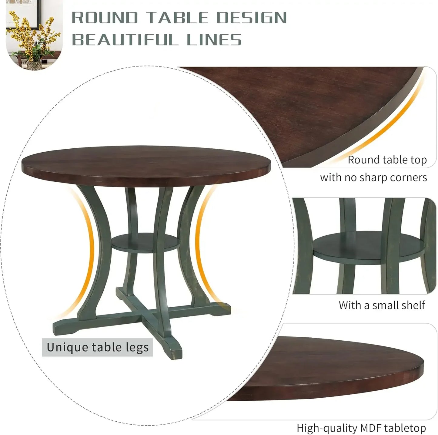 Vintage Round Dining Table and Chairs, 5-Piece Kitchen Dining Room Table Set with Middle Open Shelf and Fabric Padded Seat