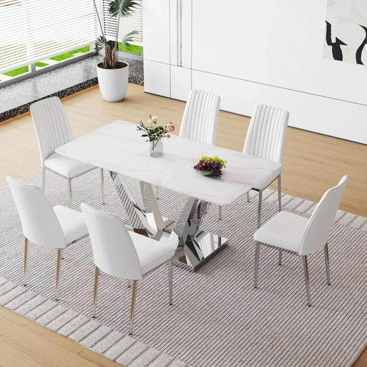 Juego de mesa de comedor para 6 personas, mesas de cocina blancas, juego de mesas de comedor de 6 asientos con base de acero inoxidable, mesa de comedor con sillas