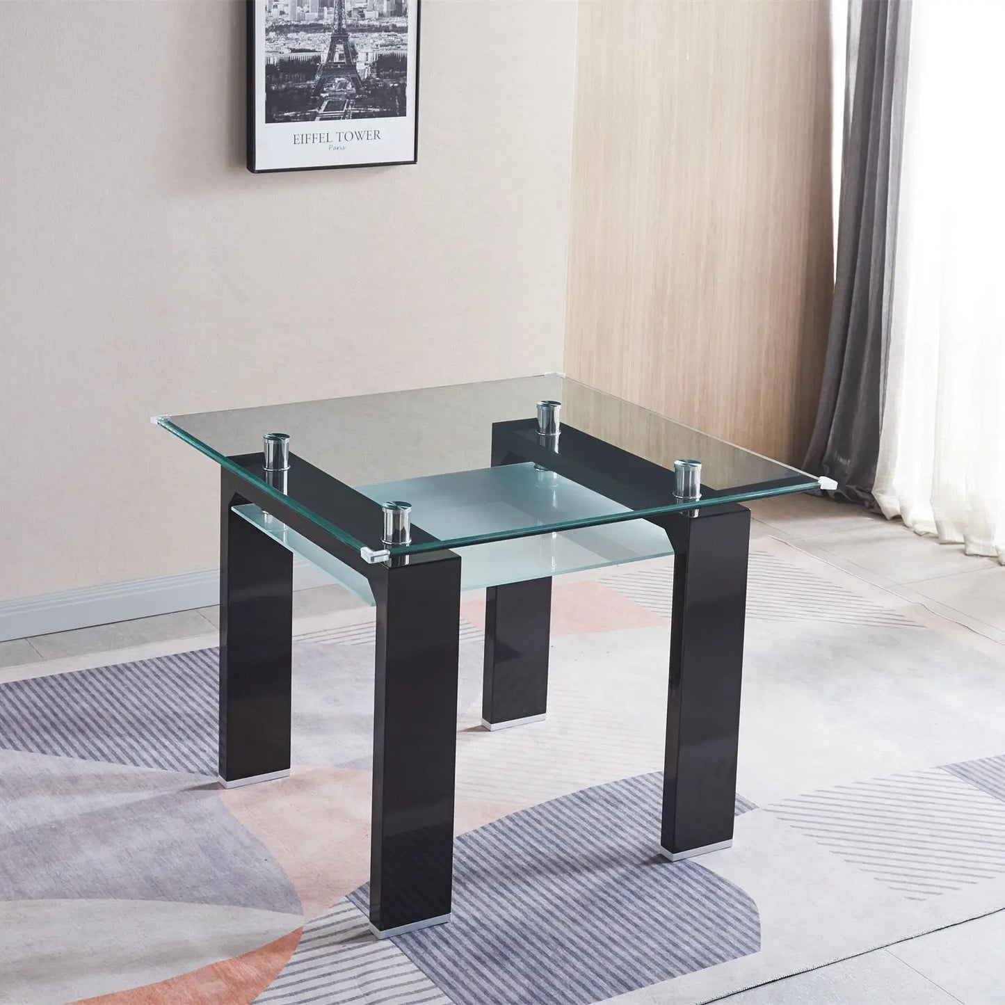 [Flash Sale]39.4x39.4x29.5Inch Tempered Glass Top Square Double-Layer Dining Table with Black/White MDF Legs[US-W]