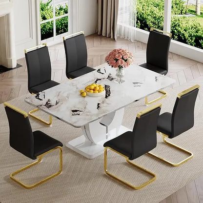 Juego de mesa de comedor moderna para 6 personas, juego de mesa de comedor de imitación de mármol blanco para 6 personas, juego de 6 sillas de cocina rectangulares de 63"