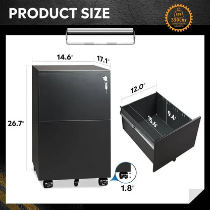 2-Drawer Mobile File Cabinet with Lock, Commercial Vertical Cabinet in Black, for each drawer (letter, legal and A4 size)