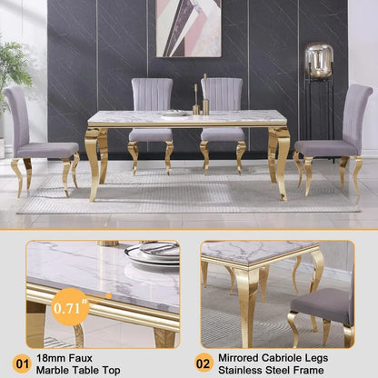 Mesa de comedor para 6-8 personas, mesa de cocina de mármol blanco de 70 pulgadas con patas cabriolé con espejo dorado, mesa de comedor de lujo