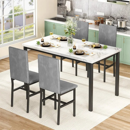 Ensemble de table à manger pour 4 personnes, ensemble de table et de chaises de cuisine moderne de 4 pièces, ensemble de table de salle à manger peu encombrante de 5 pièces avec plateau en faux marbre