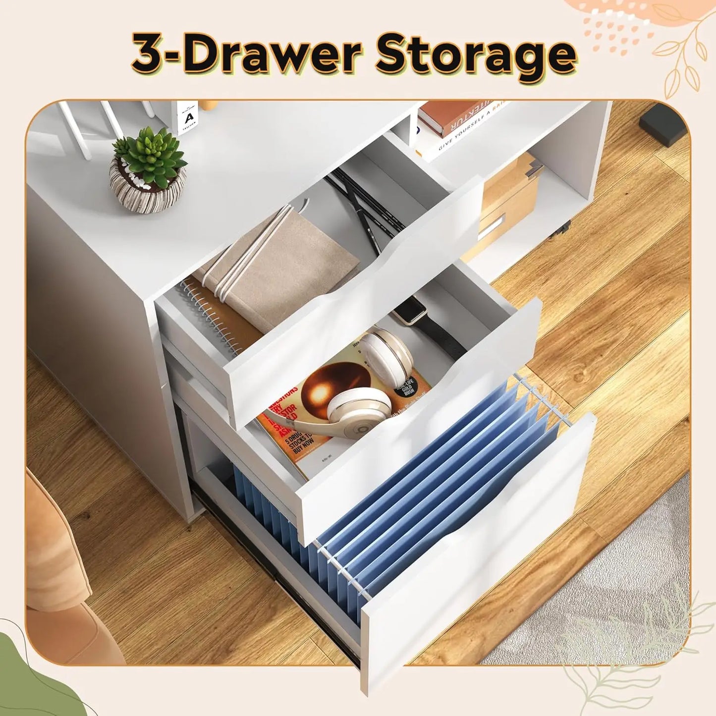 3-Drawer Wood File Cabinet, Mobile Lateral Filing Cabinet, Printer Stand with Open Storage Shelves for Home Office, White